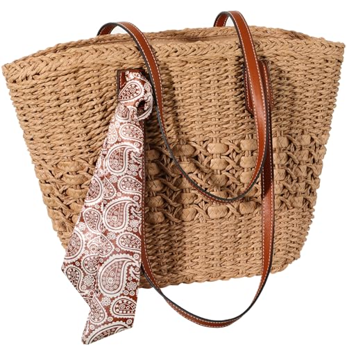 Trifabricy Beach Bags for Women, Summer Straw Bag, Woven Straw Beach Tote Bag Shoulder Handbags