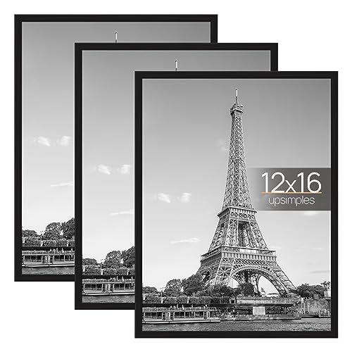 upsimples 12x16 Picture Frame Black 3 Pack, Scratch-Proof Poster Frames 12 x 16 for Photo Gallery - Slide-In Strips, Horiz...
