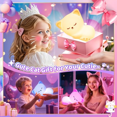 Night Light for Kids,16 Colors Cat Lamp Cute Lamp,Dimmable Baby Night Lights for Nursery,Silicone Rechargeable Nightlight ...