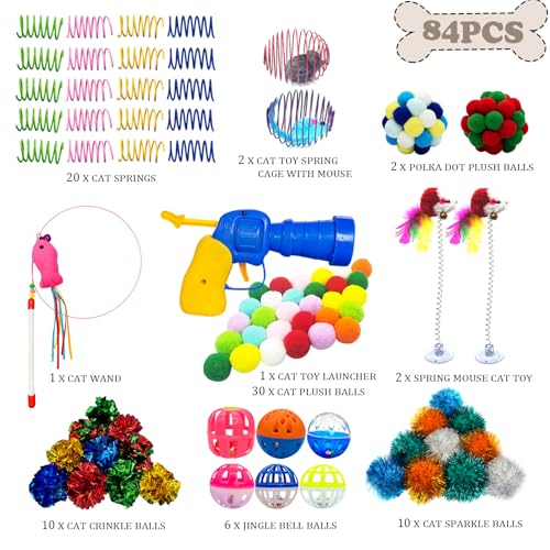 HerMia 84 Pcs Cat Toys Set for Indoor Cats, Interactive Kitten Toys with Plush Balls Launcher & Teaser Wand, Includes Crin...