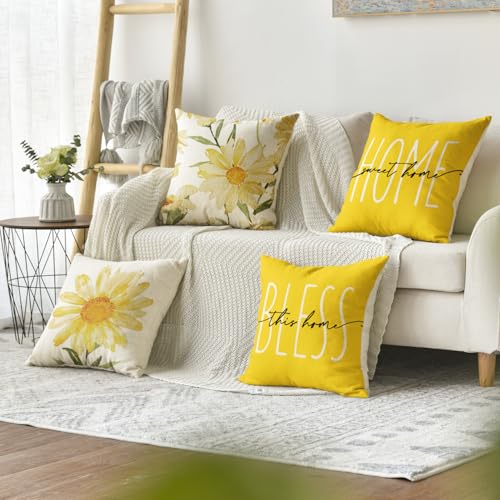 AVOIN colorlife Home Sweet Home Spring Summer Flowers Yellow Throw Pillow Covers, 18 x 18 Inch Cushion Case for Sofa Couch...