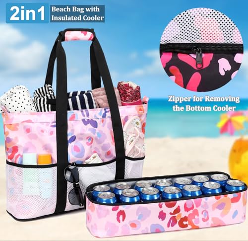 JIANYA Beach Bag Women Waterproof Sandproof Beach Tote Bags with Cooler Top Zipper Large Totes for Pool Travel Daily