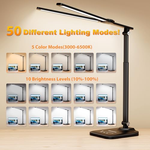 CHARYJOD LED Desk Lamp for Office Home, Height Adjustable Architect Desk Light with USB Adapter, Stepless Dimming Desk Lam...