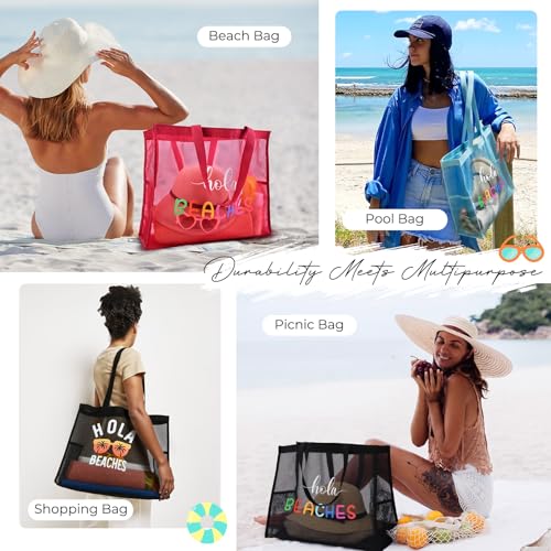KUIRAN 30L Large Beach Bag with Pouch Foldable Sandproof Lightweight Mesh Tote Bag with Two Pockets for Swimming Travel