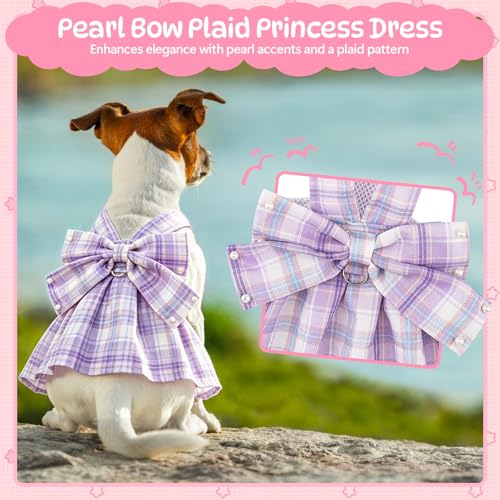 Plaid Dog Dresses for Small Dogs Girl Bowknot Harness Leash Set, Cute Small Dog Dress Harness Dogs Cat Clothes Female with...