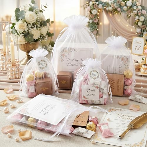 FUNFERY 100 Pcs White Organza Bags 3x4 in, Small Mesh Drawstring Gift Bags for Sachet, Jewelry, Wedding Favor, Candy Goodi...