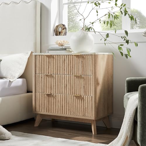 T4TREAM Fluted 3 Drawers Nightstand Set of 2, Oversized Extra Large Modern Side Table with Faux Marble Top, End Table Beds...