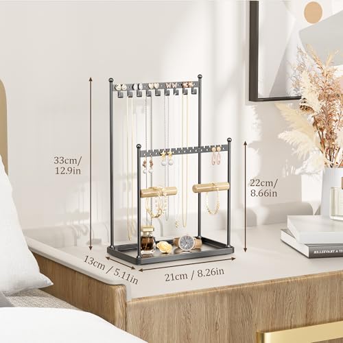 Josmimic 3 Tier Black Jewelry Stand, Necklace Organizer, Earring Holder with 44 Holes and 9 Hooks, for Necklaces, Bracelet...