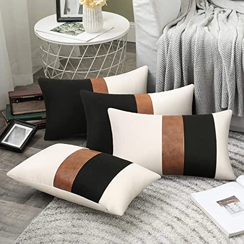 Merrycolor Pack of 2 Thick Black Linen Farmhouse Lumbar Throw Pillow Cover Black Brown Decorative Linen Faux Leather Ticki...