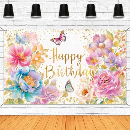 Mocsicka Floral Happy Birthday Banner Pink Flowers Butterfly Spring Party Decorations for Women Girls Photography Backgrou...