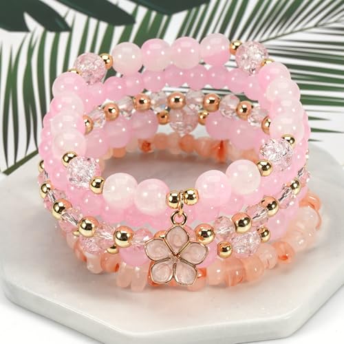 Caiyao 5Pcs Bohemia Multilayer Floewr Crystal Glass Beaded Bracelet Set Colorful Stackable Flower Beaded Friendship Stretc...