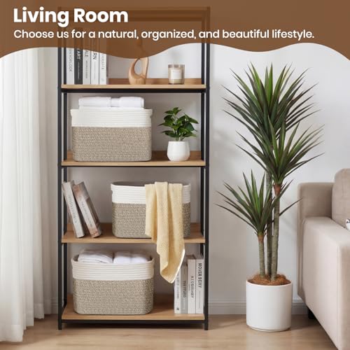 Storage Baskets for Organizing, 14 x 10 x 9” Closet Shelf Woven Baskets, Square Bins with Handles, Cotton Rope Basket for ...