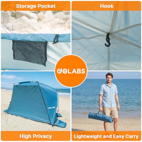 Golabs BT1 Pop up Beach Tent Sun Shelter for 3-Person, 1-Minute Setup by Pre-Attached Pole & UPF 50+, Beach Shade with Det...