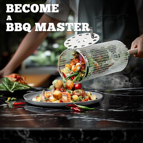 ivtivfu Rolling Grill Basket, Removable Wooden Handle, 304 Stainless Steel, Nesting BBQ Tools, Smoker Grilling Accessories...