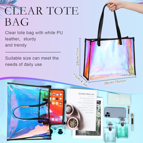 Aliceset Holographic Clear Tote Bag with Leather Handle Iridescent Bachelorette Beach Bag for Work Stadium Travel | with L...