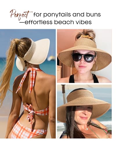 Womens Sun Visor Hats Wide Brim Straw Beach Hat UV Protection Ponytail Packable Beach Vacation Essentials