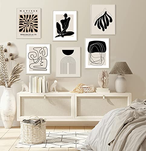 Quzenu Boho Wall Art Mid Century Modern Decor Canvas Prints Set of 6 Black And White Neutral Abstract Boho Wall Decor for ...