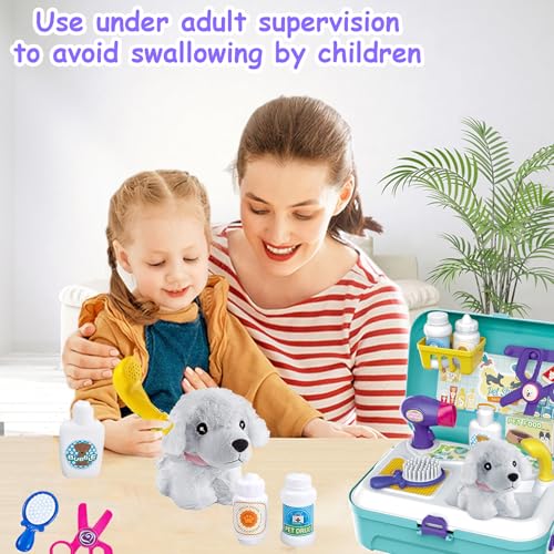 TEUVO Pet Care Play Set Doctor Kit for Kids, 16 Pcs Doctor Pretend Play Vet Dog Grooming Toys Puppy Dog Carrier Feeding Do...