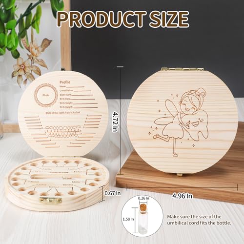 Annhua Tooth Fairy Tooth Holder Wooden Umbilical Cord Keepsake Box, Cute Baby Teeth Keepsake Box with Tweezer and Fetal Ha...