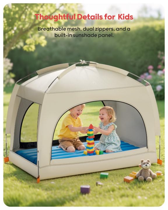 QPAU Inflatable Toddler Travel Bed with Tent – Lightweight Blow Up Kids Air Mattress with Hand Pump – Indoor & Outdoor Por...