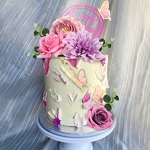 20 PCS Flower Cake Toppers Butterfly Cake Decorations Happy Birthday Cake Toppers with Pink Purple Flowers Eucalyptus Butt...