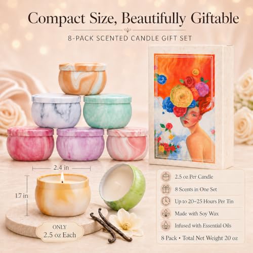 Scented Candles Gift Set for Women, 8 Pack Fruity Floral Soy Wax Aromatherapy Candles, Travel Tin Candles in Artist Gift B...
