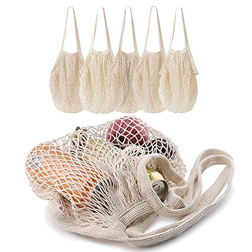 MERCURHOUSE 5 pack Cotton String Shopping Bags Reusable Washable Grocery Mesh Bags Organizer for Grocery Shopping Produce ...