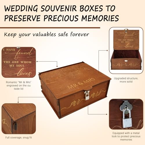 AerWo Mr and Mrs Wedding Keepsake Box, Large Wooden Storage Box with Lid and Lock, Assembled Keepsake Memory Box for Anniv...