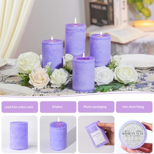 4 Pack Lavender Scented Pillar Candles-2.8x4 in Purple Decorative Candles,60-Hour Long Lasting Burn,Handmade Rustic Pillar...