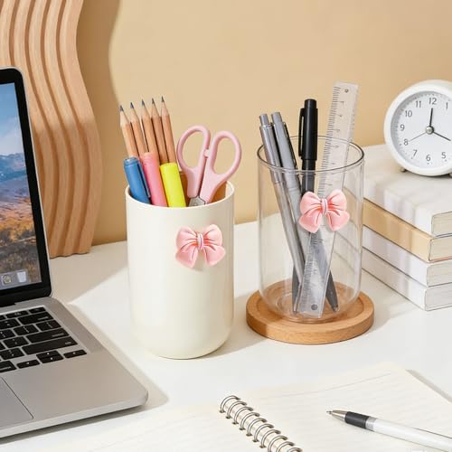 MWRDSM 2 Pack Pen Pencil Holder for Desk, Acrylic Desk Organizer with Bow Clear Makeup Brush Holder Cup Desktop Stationery...