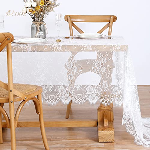 B-COOL White Lace Tablecloth 60 X120 Inches Rectangle Vintage Embroidered Bridal Wedding Tablecloths Sheer Overlay for Rus...