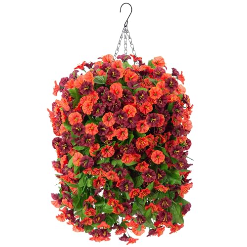 INXUGAO Artificial Flowers with Hanging Basket, Outdoor Faux Plants Silk Morning Glory Vines, Fake Green Arrangement for G...