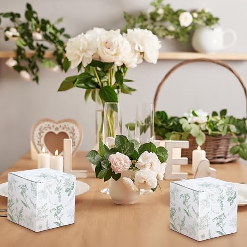 TecUnite 50 Pcs 3x3x3'' Green Floral Paper Gift Candy Boxes Chinoiserie Flower Paper Gift Box Small Green White Hydrangea ...