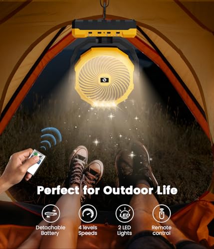 Korbot 24000mAh Detachable Battery Camping Fan - 3-in-1 Portable Camping Fans with LED & Remote - 4 Speeds Battery Operate...
