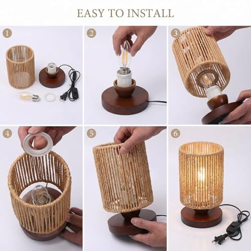 DKCONONY Small Rattan Table Lamp for Bedroom, Boho Bedside Lamp with Warm LED Bulb, Handwoven Wicker Nightstand Lamp for N...