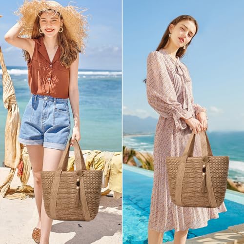 YAVCOOL Straw Beach Bags for Women Woven Beach Tote Bag Casual Boho Large Shoulder Handbags Purse for Vacation Holiday