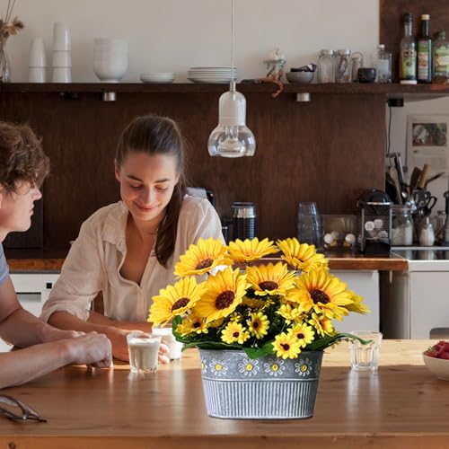 hopeme Artificial Flowers Fake Sunflowers in Pot, Faux Silk Flowers Floral Table Centerpiece Decoration, Rustic Potted Gre...