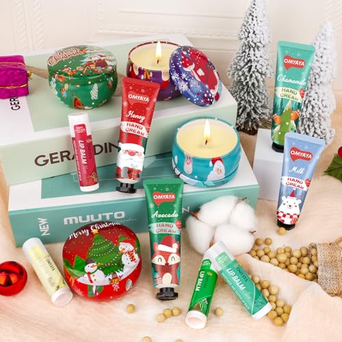 Candles Gifts for Women, 4 Christmas Scented Candles, 4 Mini Hand Cream Lotion & 4 Lip Blam Gift Set for Women, Ideal Part...