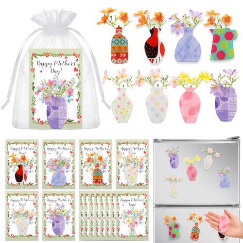 16 Sets Mother's Day Fridge Magnets Gifts Bulk with Mini Flower Vase Fridge Magnets Cards Artificial Flowers Organza Bags ...