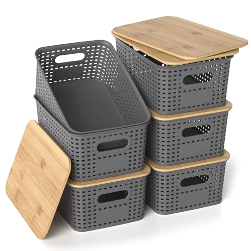 ZFTMRR Plastic Storage Baskets with Bamboo Lids, Stackable Small Box Bins for Organizing and Containers for Shelves Drawer...