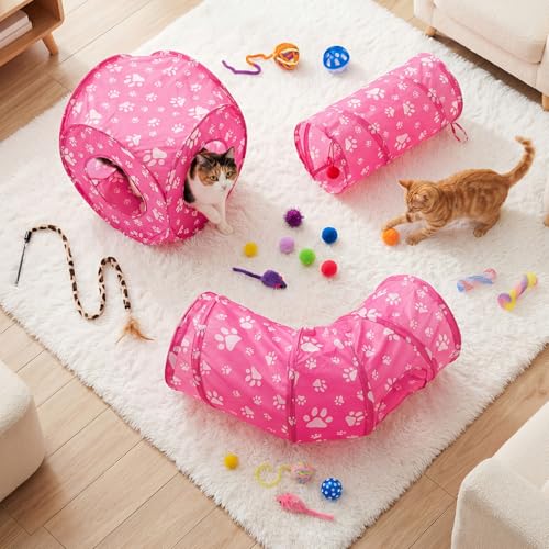 Leitee 40 Pcs Cat Toys Kitten Toys Assortments, Variety Toy Set Including 3 Pink Cat Paws Way Tunnel, Cats Feather Teaser,...