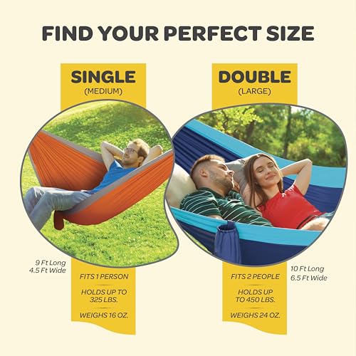 Durable Hammock 400 lb Capacity, Nylon Camping Hammock Chair - Double or Single Sizes w/Tree Straps and Attached Carry Bag...