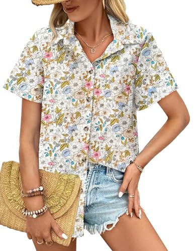 HOTOUCH Cotton Linen Button Down Shirt for Women V Neck Collared Blouse Casual Short Sleeve Tops with Pocket
