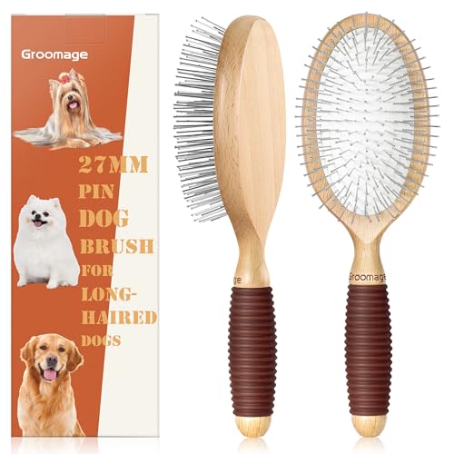 GROOMAGE Dog Brush for Long Haired Dogs, 27mm Extra Long Pin Brush for Grooming, Shedding - Beech Wood Material, Non-Slip ...