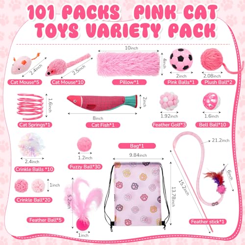 Leitee 101 Pcs Cat Interactive Toys Set with 1 Cat Paw Gift Storage Bags Feather Teaser Wand Springs Mice Fish Crinkle Bal...