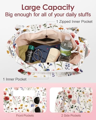Miss Adola Large Corduroy Tote Bag for Women - Cute Shoulder Reusable Canvas Bags with Zipper Multi-Pocket for School