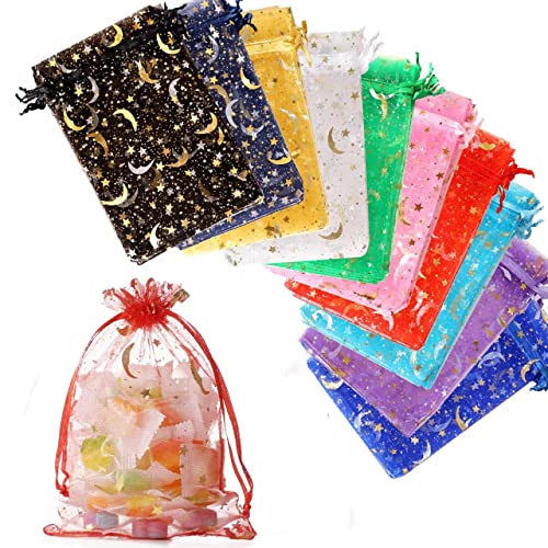 Hopttreely 100PCS Moon Star Organza Bags, 3X4 Jewelry Candy Favor Bags, Mixed Color Gift Pouch With Drawstring for Wedding...