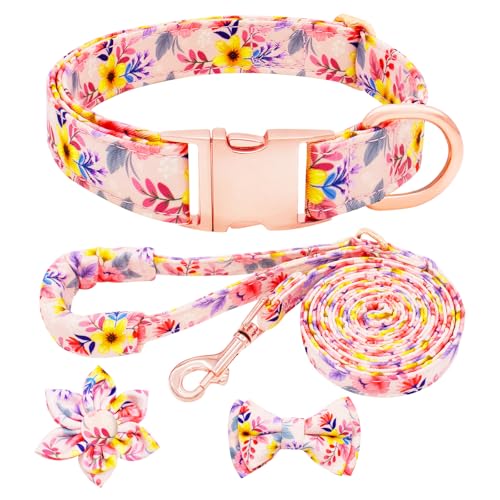 HSIGIO Dog Collar and Leash Set Girls Adjustable Puppy Collars with Floral Bow Tie for Small Medium Large Female Dogs, Pin...