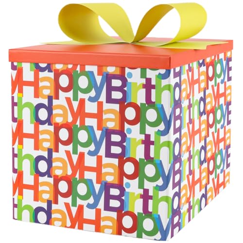 BIOBROWN Medium Birthday Gift Boxes with Lids for Presents, 9x9x9 Inches Text Design Collapsible Gift Box for Birthday, Ba...