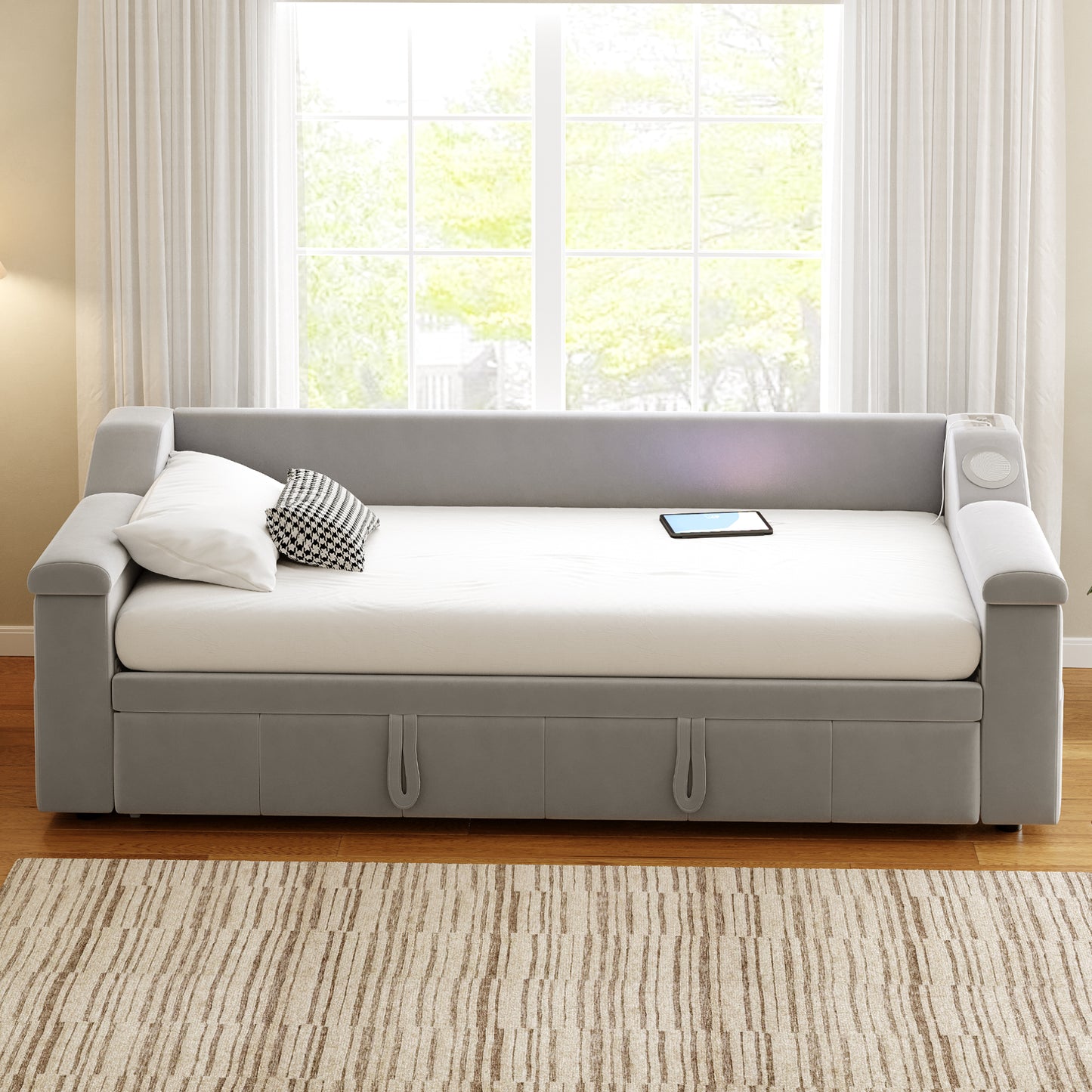 Upholstered Bed Sofa Bed, 90 180x190 Cm, Armrests Wider And Thicker, With Smart Bluetooth Stereo System With USB Charging Port, With Storage Compartments, With Slatted Base, Velvet Fabric, Light Grey